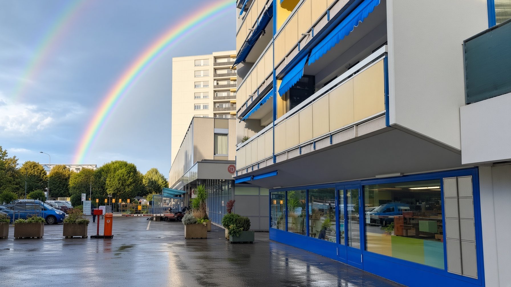 Le magasin Riviera Couleurs à Corsier-sur-Vevey, après la pluie, sous un arc-en-ciel.