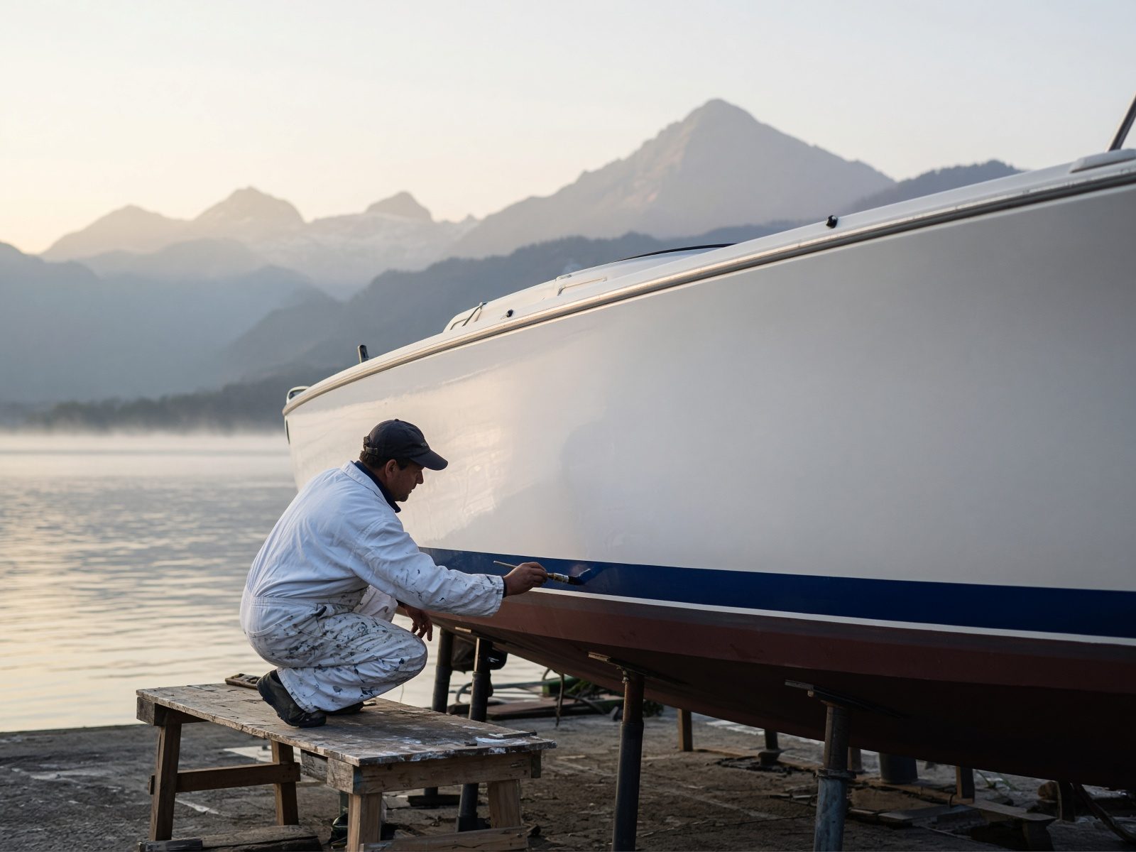 Peinture marine sur une coque de yacht au bord du lac.
